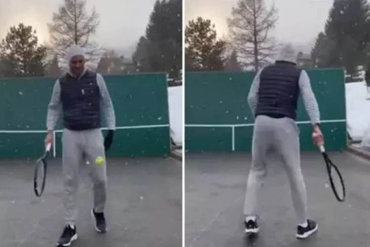 Roger Federer Practises Trick Shots in Snow corona lockdown video