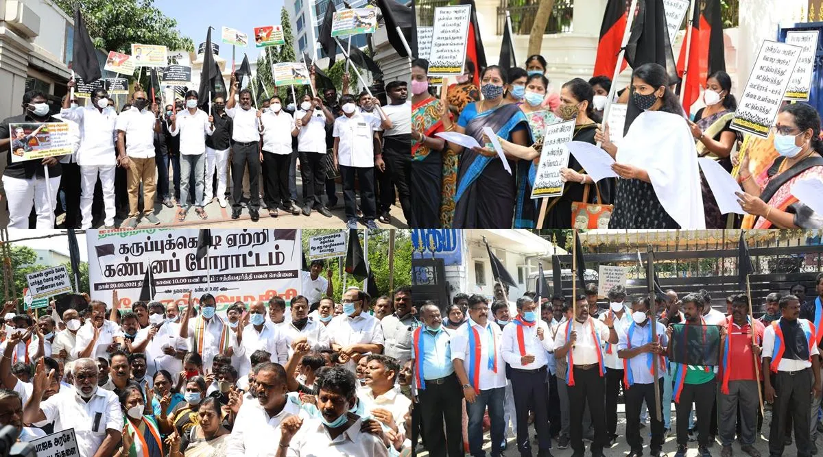DMK allies parties protest with black flag, DMK allies parties protest against BJP lead central govt, DMK protest in all over tamil nadu, congress, vck, cpi, cpm, திமுக கூட்டணி போராட்டத்தில் தூள் கிளப்பியதா இளைஞரணி, திமுக, உதயநிதி, கனிமொழி, காங்கிரஸ், விசிக, கேஎஸ் அழகிரி, உதயநிதி ஸ்டாலின், திமுக இளைஞரணி, DMK youth wing, udhayaninidhi, kanimozhi, congress, vck, ks alagiri