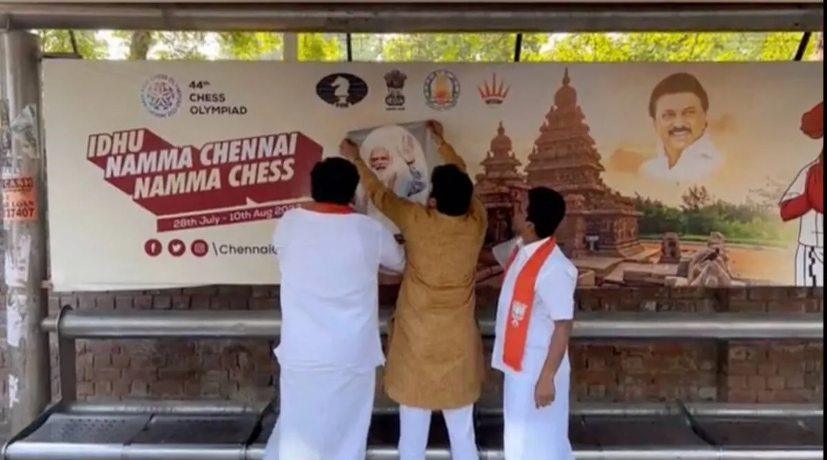 BJP functionaries sticks Modi’s photograph on billboards for chess event
