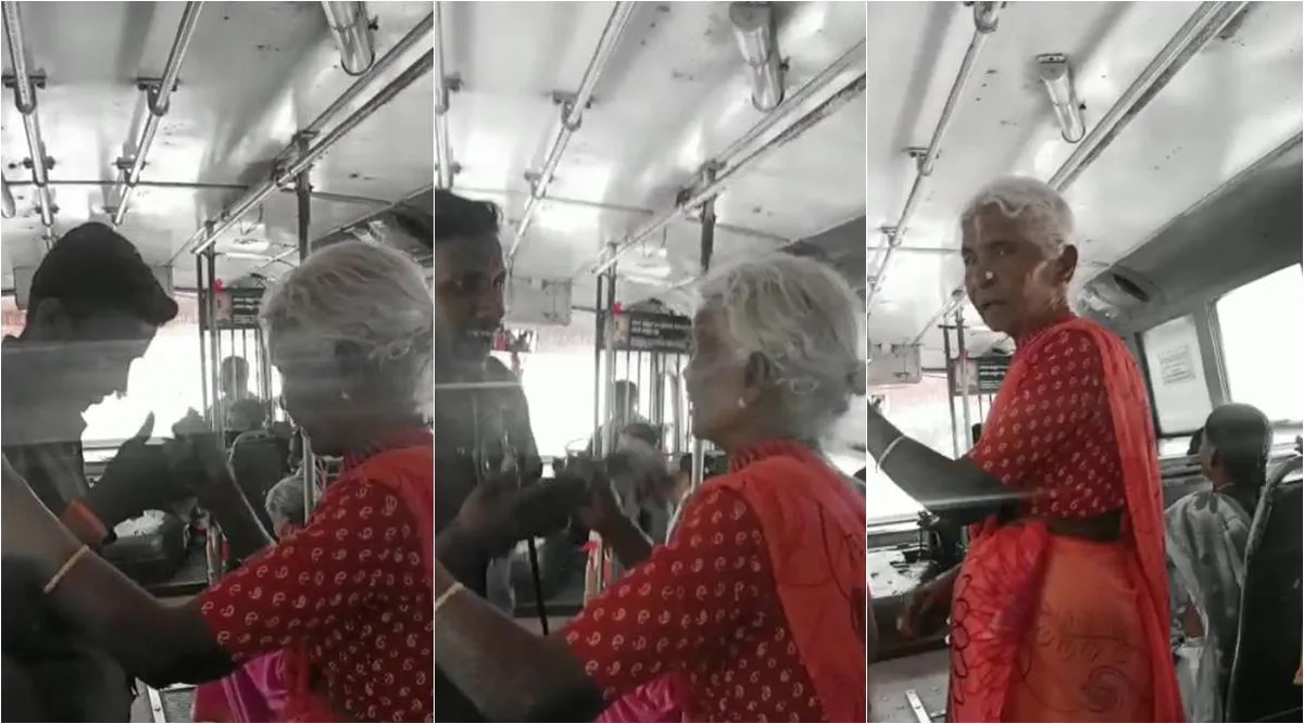 Old woman argue with Bus Conductor viral video, Old woman says don't want free ticket video goes viral, ஓசி டிக்கெட் வேண்டாம், அரசு பஸ்ஸில் அடம்பிடித்த மூதாட்டி, வைரல் வீடியோ - Old woman don't want free ticket, viral video, viral news, Coimbatore