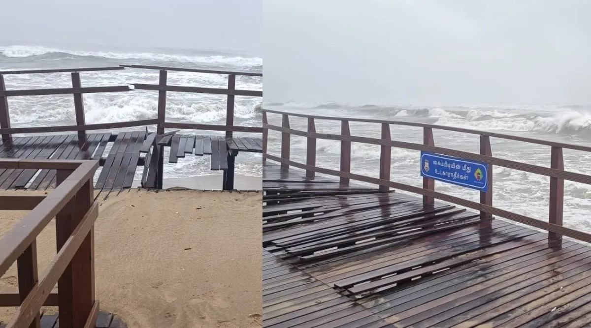 Chennai Marina beach boardwalk for disabled people damaged Tamil News