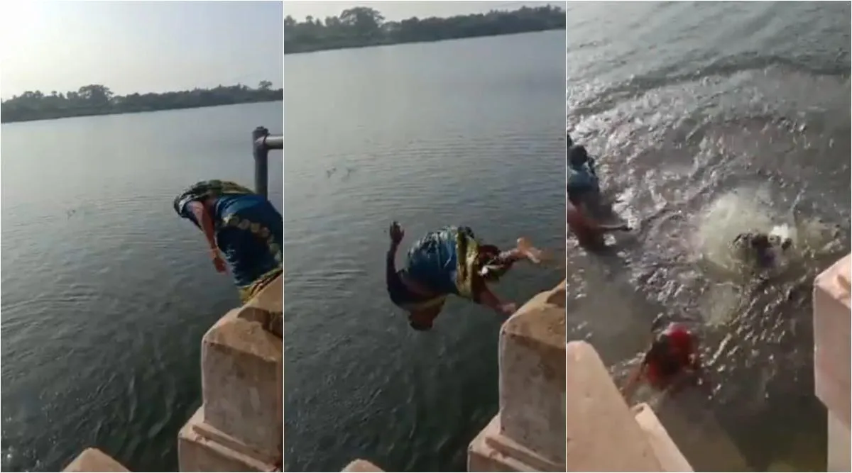 viral video, senior woman dive in river video, Thamirabarani river, old woman jumb in river