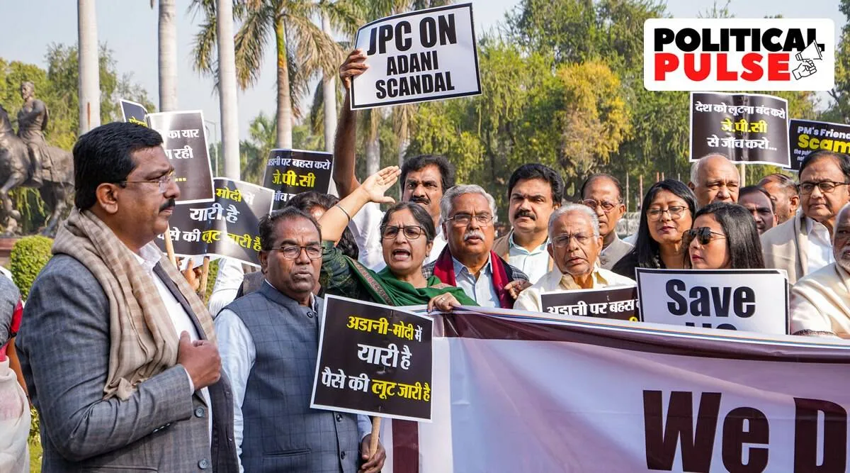 Adani Modi mei yaari hai Save LIC At Oppn protest outside Parliament slogans take centre stage