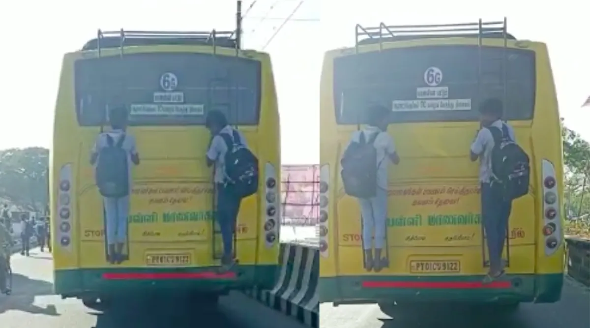 Puducherry: Students climb ladder on back of free school bus - video