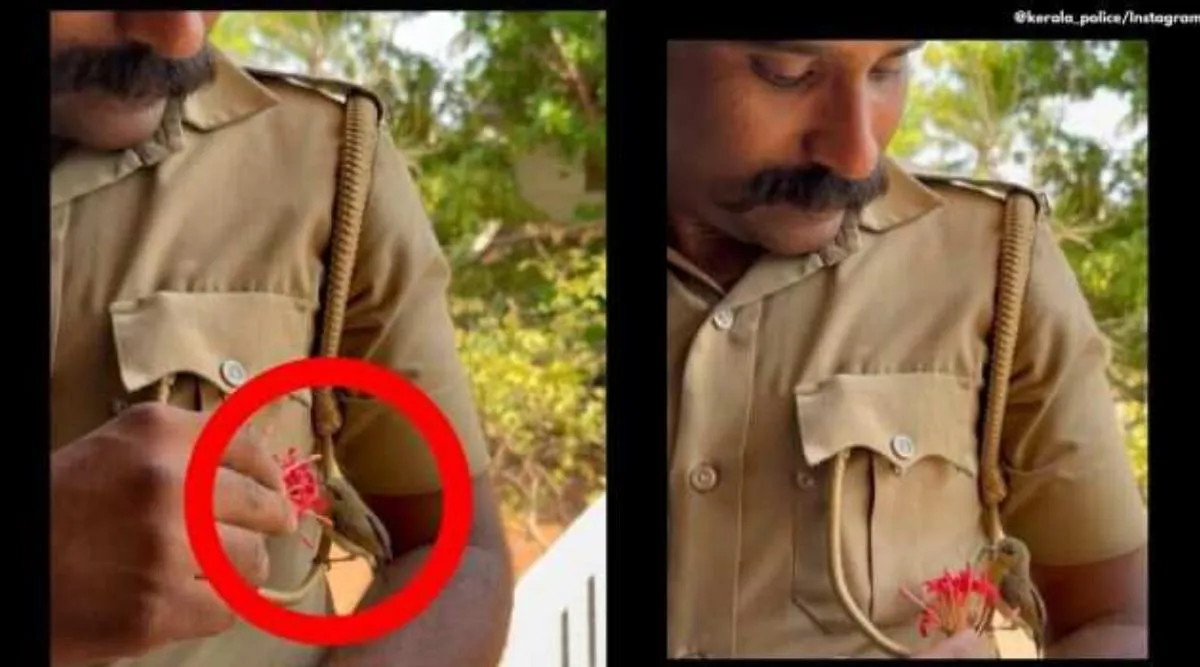 Kerala Police viral video, bird sits on a policeman’s uniform, போலீஸ்காரர் சீருடையில் வந்து அமர்ந்த தேன்சிட்டு; கேரள காவல்துறை வெளியிட்ட அழகான வீடியோ, வைரல் வீடியோ, tiny crimson-backed sunbird, Tamil indian express