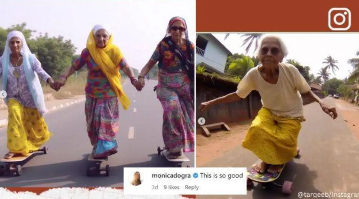 AI images show elderly women wearing sarees skateboarding on the streets, AI art, artificial intelligence artwork, Midjourney, AI, viral, trending, Instagram