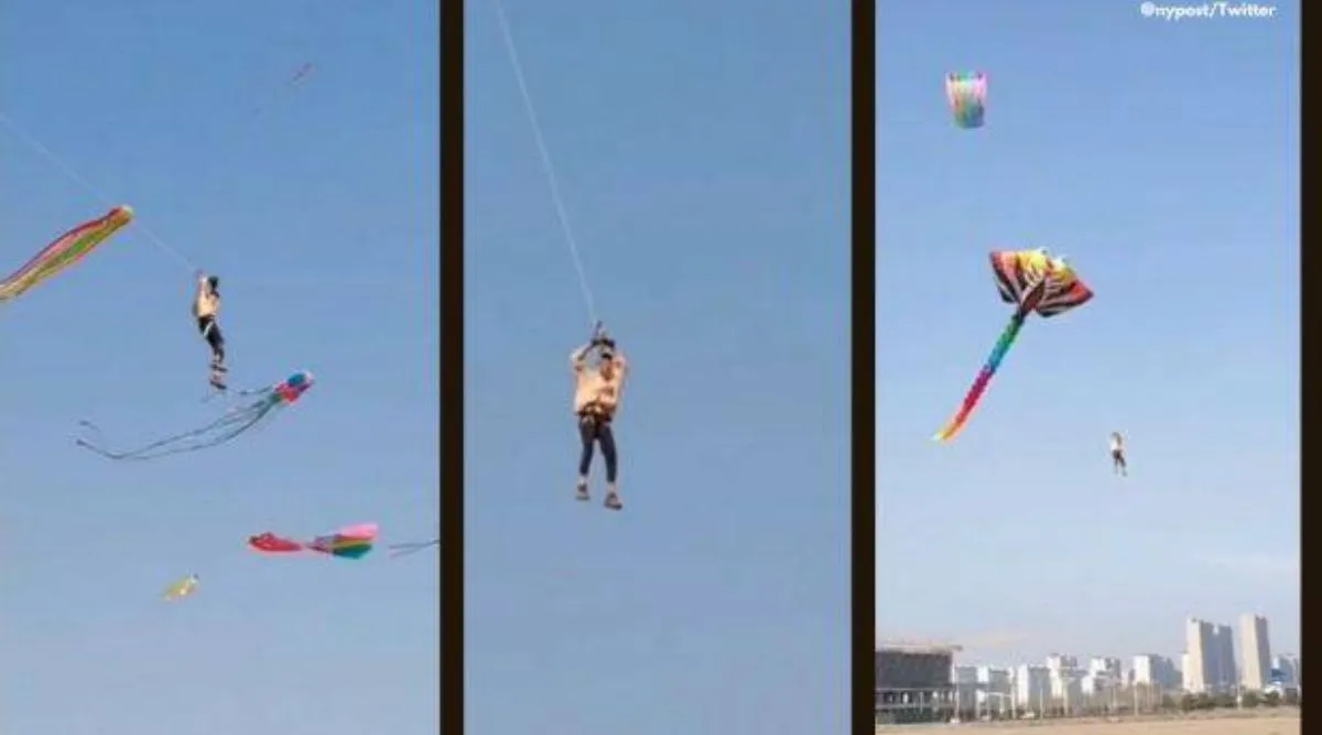 Chinese man flying hundreds of feet on kite, man flies on kite, viral kite flying videos, viral videos china