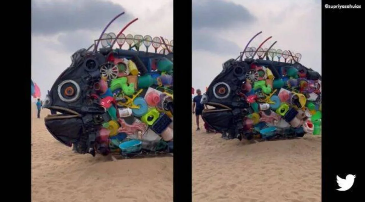 Ocean pollution video, art made of plastic pollution, பெசண்ட் நகர் கடற்கரை, சென்னை, பிளாஸ்டிக் கழிவுகளால் உருவாக்கப்பட்ட கலைப் படைப்பு, IAS officer Supriya Sahu, Tamil indian express