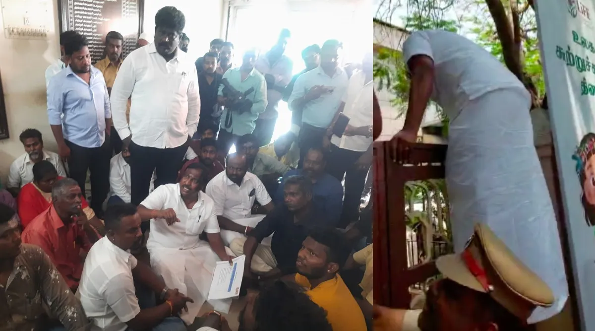 puducherry independent MLA jumped over gate to complaint about smart city scam Tamil News